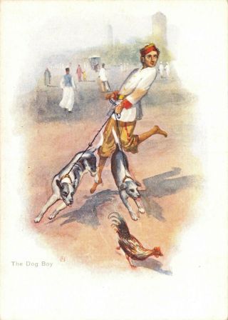 India Ethnic The Dog Boy & Hen Art Drawn Court Size Early Card