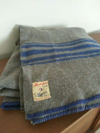 Vintage Ayers Heathertone Wool Blanket Grey And Blue Stripes