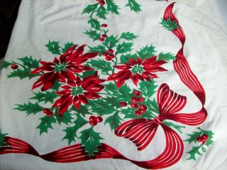Vintage Christmas Tablecloth - Ribbons & Poinsettias