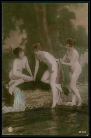 French German ? Nude Woman Three Graces Old 1910s Tinted Color Photo Postcard