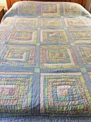Vintage Hand Quilted & Crafted Checks & Plaids Log Cabin Quilt 86 " X 85 "