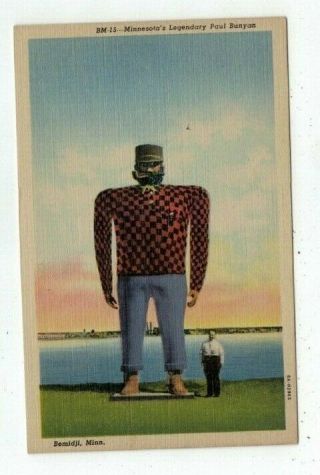 Mn Bemidji Minnesota Antique Linen Post Card Paul Bunyan Statue (no Babe)