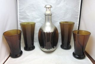 K.  M.  D Royal Holland Pewter Daalderop Amber Glass Decanter With Glasses