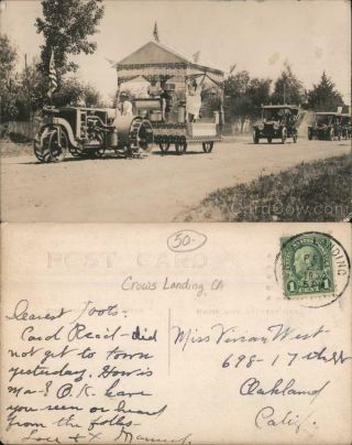 1932 Rppc Crows Landing,  Ca Farm Tractor Pulling Float Stanislaus County Postcard