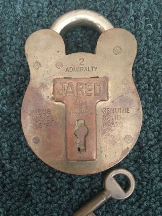 Vintage Padlock Lock Solid Brass Usn,  Federal,  Old English,  4 Levers,  Key Jared