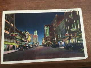1937 Theatre Row At Night,  Dallas,  Tx Postcard