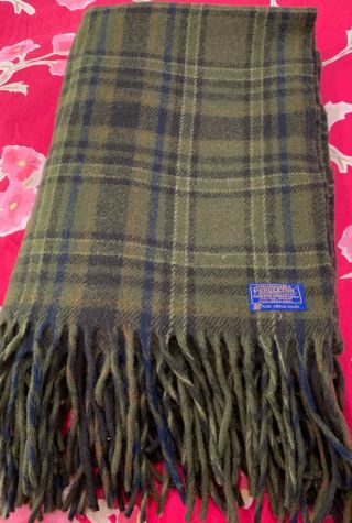 Vintage Pendleton Wool Blanket Throw Green Plaid Fringed 51”x 66” Virgin Wool