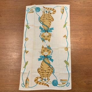 Vintage 100 Linen Tea Towel Cat Kitten Blue Mcm Novelty Kitty 16 X 28