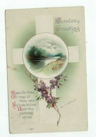 Antique 1913 Easter Post Card Signed Clapsaddle Violets And Cross