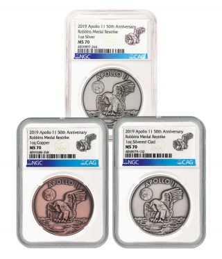 1969 - 2019 Apollo 11 50th Anniv Robbins Medal 3 - Coin Set Medal Ngc Ms70 Sku55136
