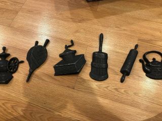 Vtg Midwest - 6 Black Cast Iron Country Kitchen Wall Decor - Butter Churn Etc