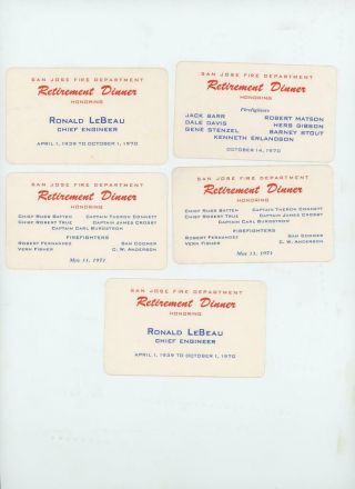 San Jose California Fire Dept.  Ronald Lebeau Retirement Dinner Cards,  1970