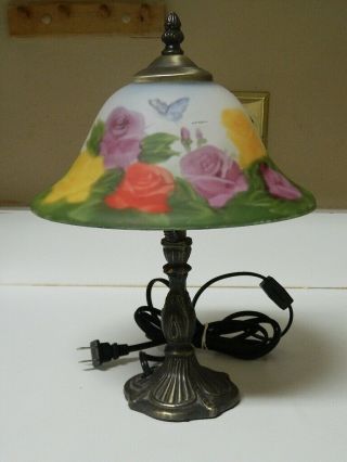 Vtg Reverse Hand Painted Boudoir Dressing Table Lamp Glass Shade & Bronze Base