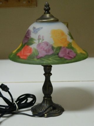 VTG Reverse Hand Painted Boudoir Dressing Table Lamp Glass Shade & Bronze Base 2