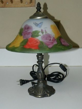 VTG Reverse Hand Painted Boudoir Dressing Table Lamp Glass Shade & Bronze Base 3