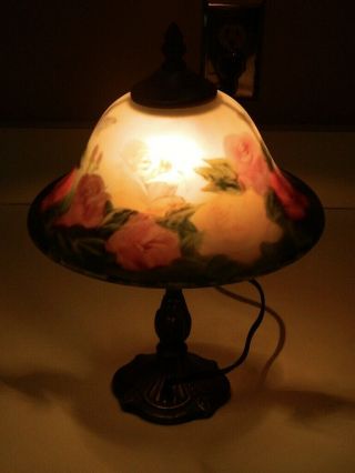VTG Reverse Hand Painted Boudoir Dressing Table Lamp Glass Shade & Bronze Base 4