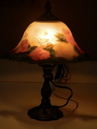 VTG Reverse Hand Painted Boudoir Dressing Table Lamp Glass Shade & Bronze Base 5