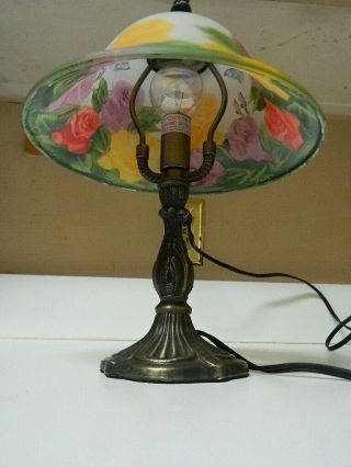 VTG Reverse Hand Painted Boudoir Dressing Table Lamp Glass Shade & Bronze Base 8