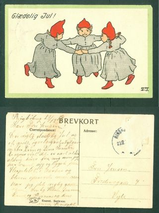 Denmark.  Christmas Card 1914.  3 Dancing Santas.  Adr: Vejle.  See.