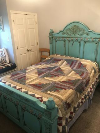 Vintage All Cotton Barn Raising Log Cabin Quilt; Queen Size Rustic Colors