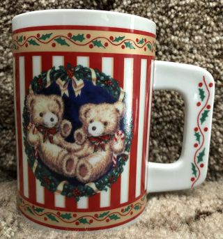 Vintage Houston Foods Christmas Teddy Bears Coffee Tea Mug Cup Wreath Candy Cane