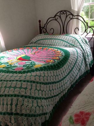 Chenille Bedspread Plush Peacock Green/Mutil Colors 2