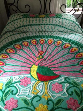 Chenille Bedspread Plush Peacock Green/Mutil Colors 3
