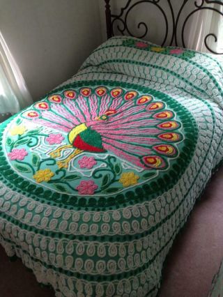 Chenille Bedspread Plush Peacock Green/Mutil Colors 4