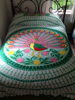 Chenille Bedspread Plush Peacock Green/Mutil Colors 7