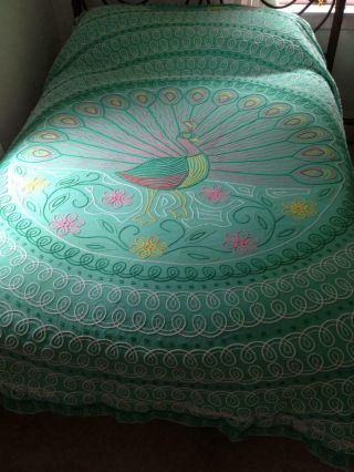 Chenille Bedspread Plush Peacock Green/Mutil Colors 8