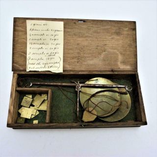 Antique Set Of Apothecary Scales With Weights,  In A Wooden Box