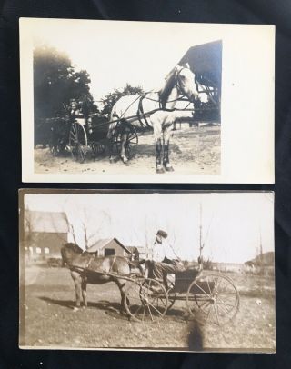 Two Antique Real Photo Postcards C1910 Passengers In Horse Drawn Buggy Carriage