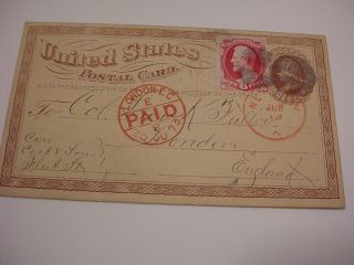 Very Early Overseas 1873 Us Postal Card Brattleboro Vermont & London England Uk