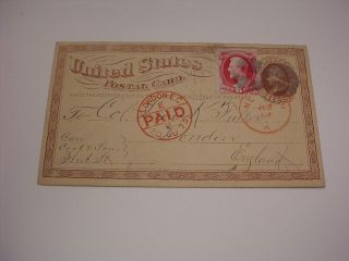 VERY EARLY OVERSEAS 1873 US POSTAL CARD BRATTLEBORO VERMONT & LONDON ENGLAND UK 2