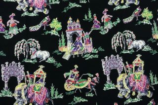 Vtg 40s Barkcloth Fabric Spectrum Black Floral Persian India Vat Print