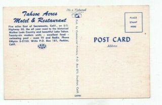 CA Sacramento California vintage post card Tahoe Acres Motel & Restaurant 2