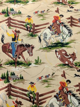 Vtg Cowboy Theme Bark Cloth Material Fabric Drapery Panels Cutter Flaws 50s 60s