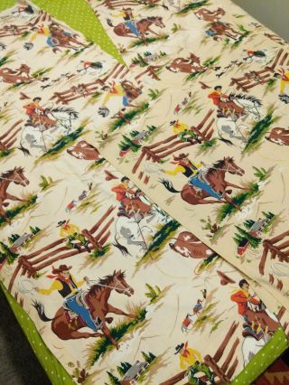Vtg Cowboy Theme Bark Cloth Material Fabric Drapery Panels CUTTER Flaws 50s 60s 2