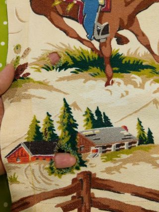 Vtg Cowboy Theme Bark Cloth Material Fabric Drapery Panels CUTTER Flaws 50s 60s 4