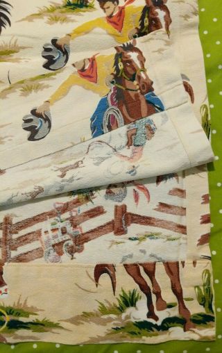 Vtg Cowboy Theme Bark Cloth Material Fabric Drapery Panels CUTTER Flaws 50s 60s 7