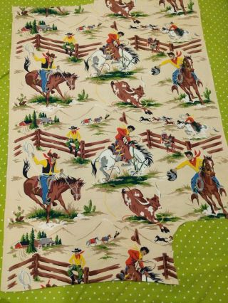 Vtg Cowboy Theme Bark Cloth Material Fabric Drapery Panels CUTTER Flaws 50s 60s 8