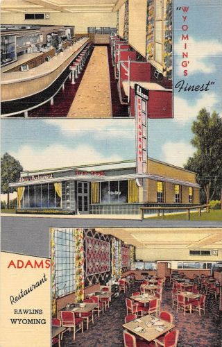 D67/ Rawlins Wyoming Wy Postcard Linen Roadside Adams Restaurant 3view Interior