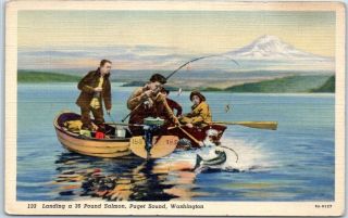 1940s Washington Fishing Postcard " Landing A 38 - Pound Salmon,  Puget Sound " Linen