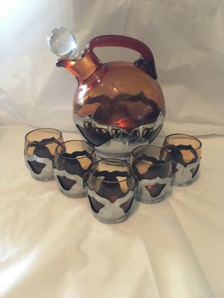 Farber Brothers Amber Krome Kraft Decanter And 5 Glasses