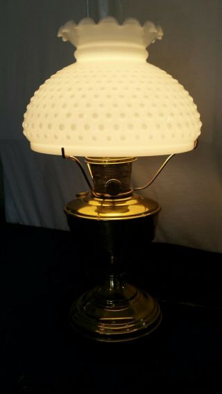 Brass Oil Lamp Converted To Electric With Hobnail Shade And Chimney