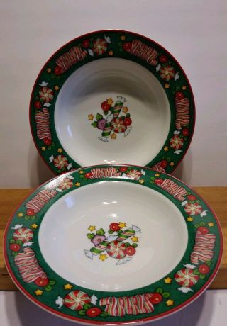 Set Of 2 Mary Engelbreit " The Magic Of Christmas " Peppermint Ribbon Candy Bowls