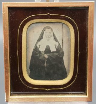 Quarter Plate Ambrotype of Nun Holding Rosary with Cross 6.  75 