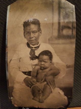 African American Woman W/ Baby Sixth Plate Tintype.