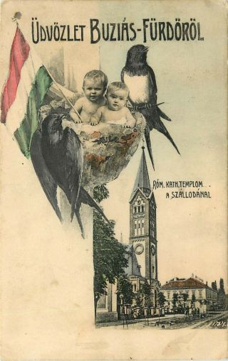 Postcard Udvozlet Buzias Furdorol Romania Catholic Church Children Swallows Nest