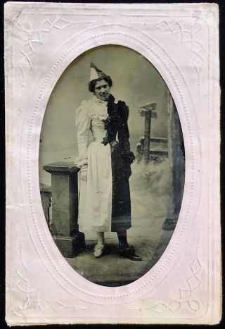 Rare 1/6 Plate Tintype - A Woman Wearing An Black & White - Clown Outfit